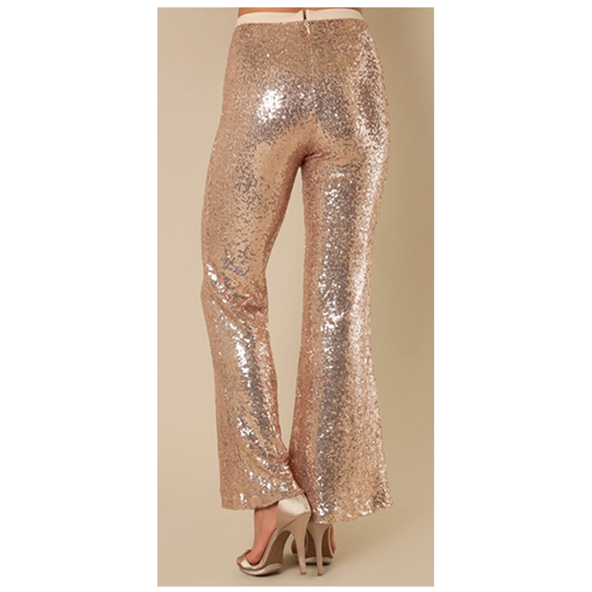 Rose Gold Lace-Up Sequin Bell Bottom Yoga Pants