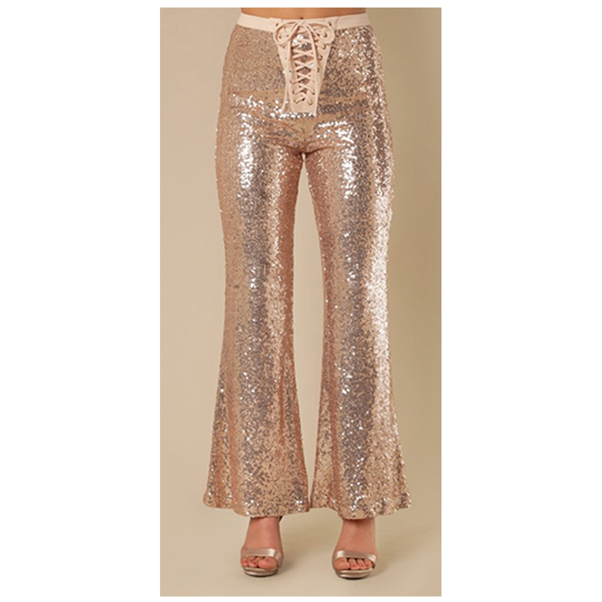 Rose Gold Lace-Up Sequin Bell Bottom Yoga Pants